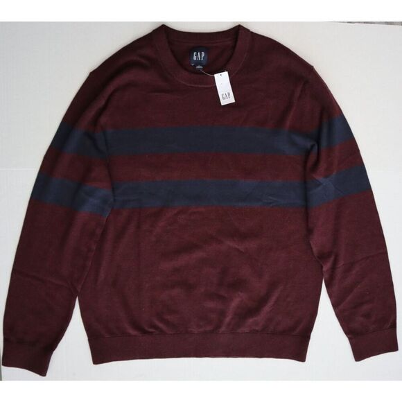 GAP 730479-02 Men's Sz Large Navy Burgundy Striped Crewneck Sweater - Picture 7 of 8